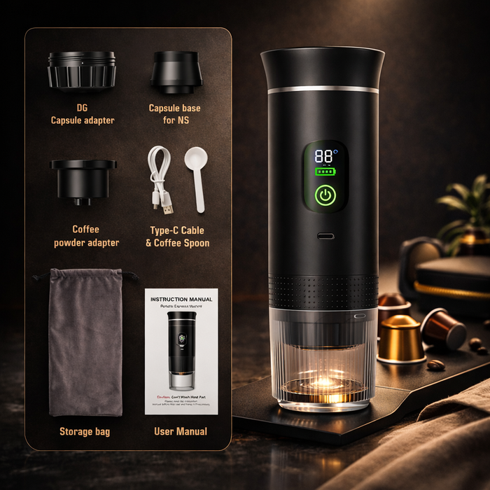 Black coffee maker with accessories on a dark background