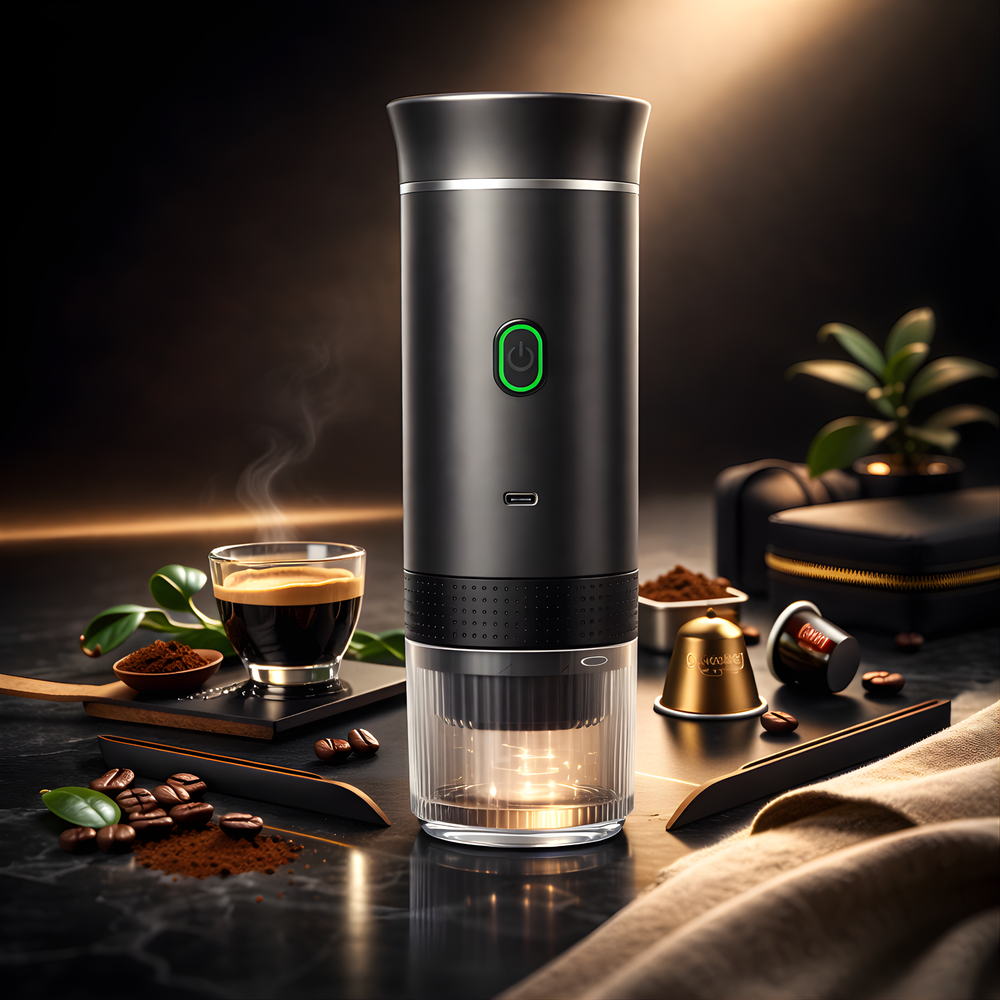 Black coffee maker on a dark surface with coffee beans and a glass of coffee.