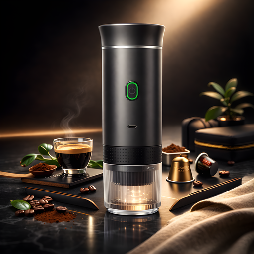 Black coffee maker on a dark surface with coffee beans and a glass of coffee.