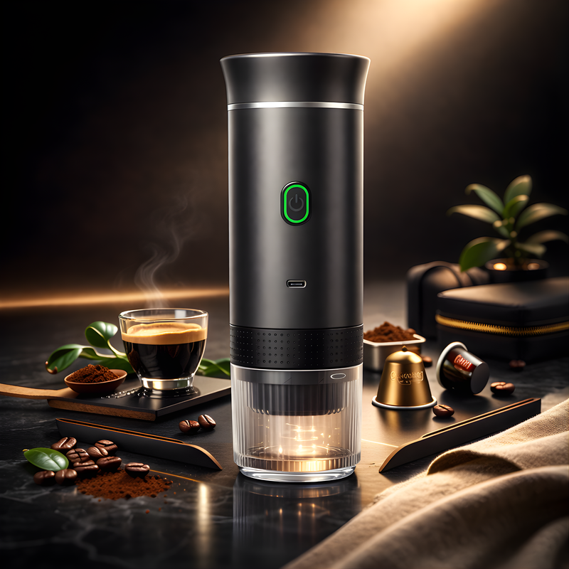 Black coffee maker on a dark surface with coffee beans and a glass of coffee.