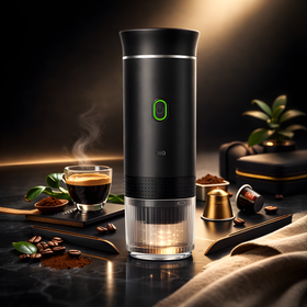 Black coffee maker with a glass container on a dark surface with coffee beans and a cup of coffee.