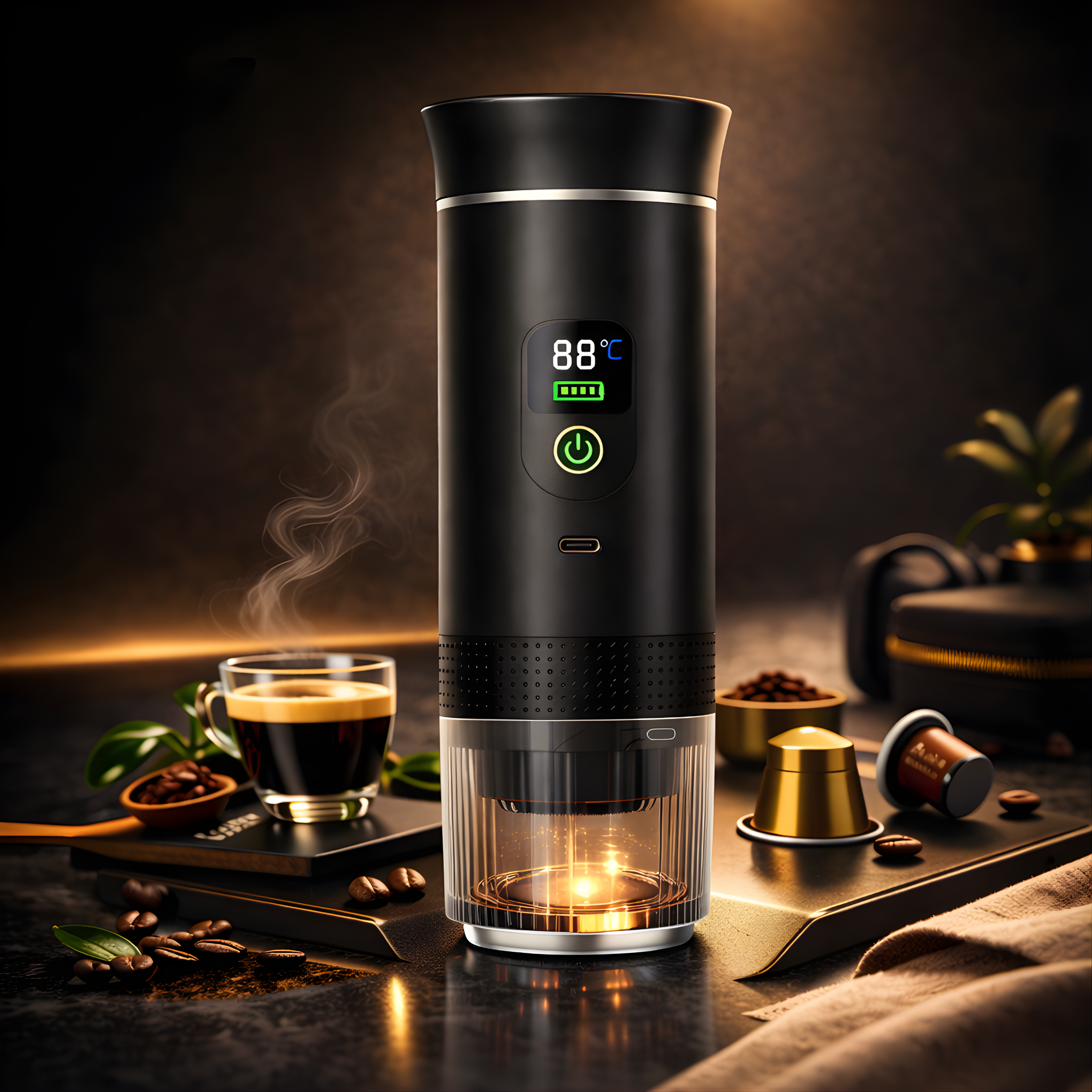 Black coffee maker with digital display on a dark background with coffee beans and a cup of coffee.