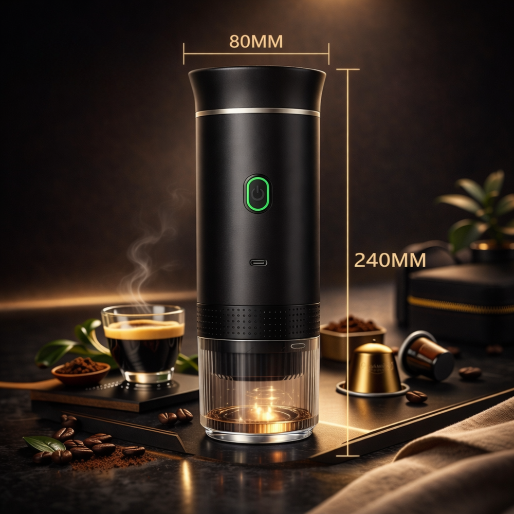 Black coffee maker with dimensions on a dark background with coffee-related items.