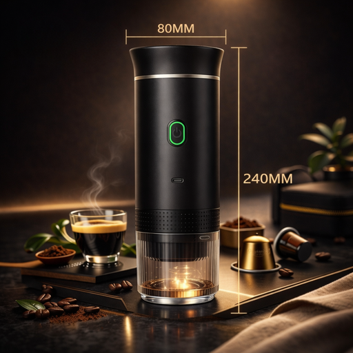 Black coffee maker with dimensions on a dark background with coffee-related items.