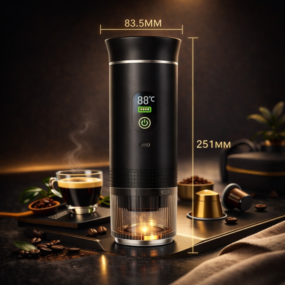Black portable coffee maker with digital display on a dark background