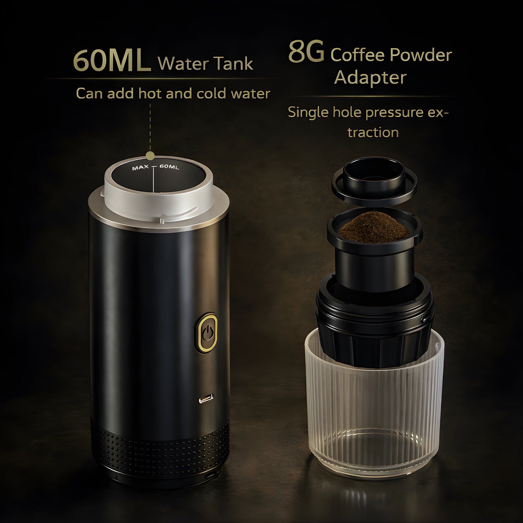 Coffee brewing device with water tank and coffee powder adapter on a dark background