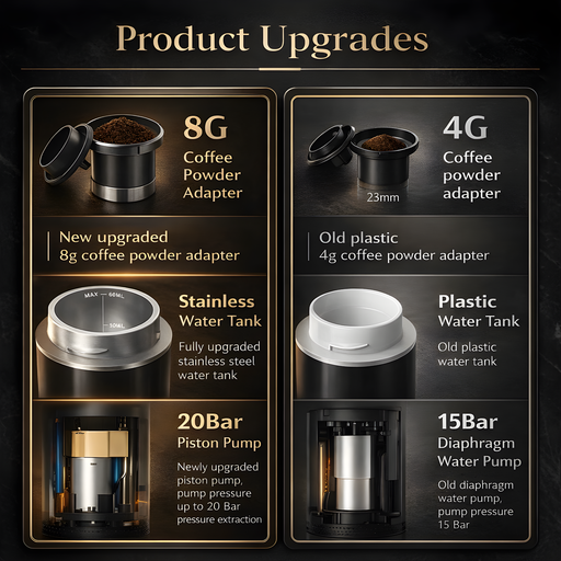 Comparison of 8G and 4G coffee powder adapters with new and old features on a dark background.