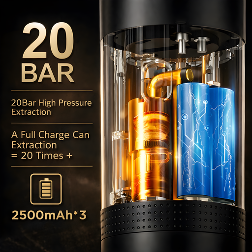 espresso device with high pressure extraction system and battery information on a dark background