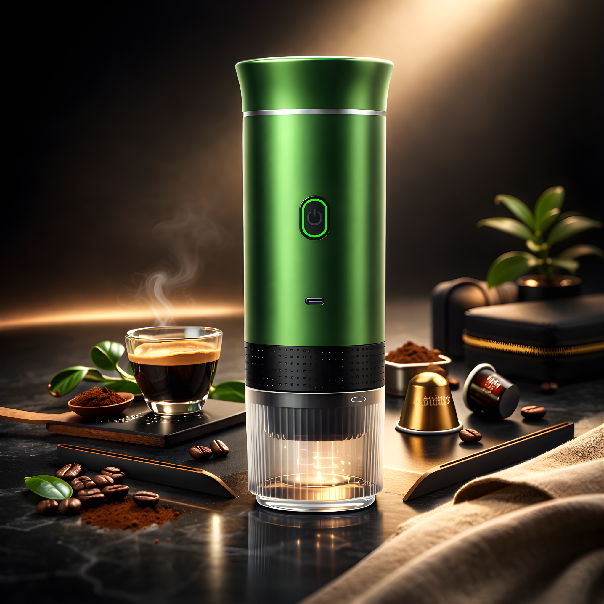 Green coffee maker on a dark surface with coffee beans and a cup of coffee.