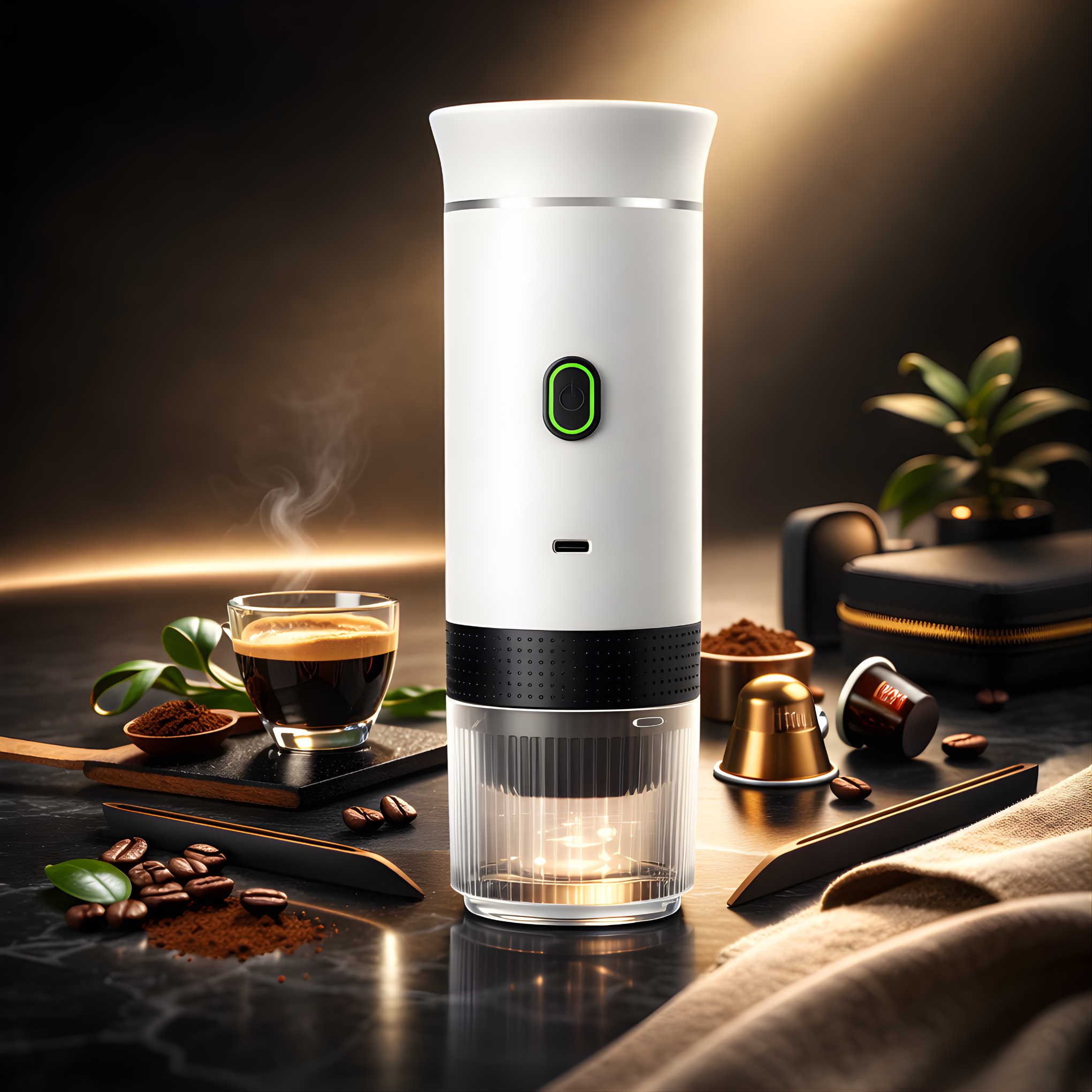 White and black coffee maker on a table with coffee beans and a glass of coffee.