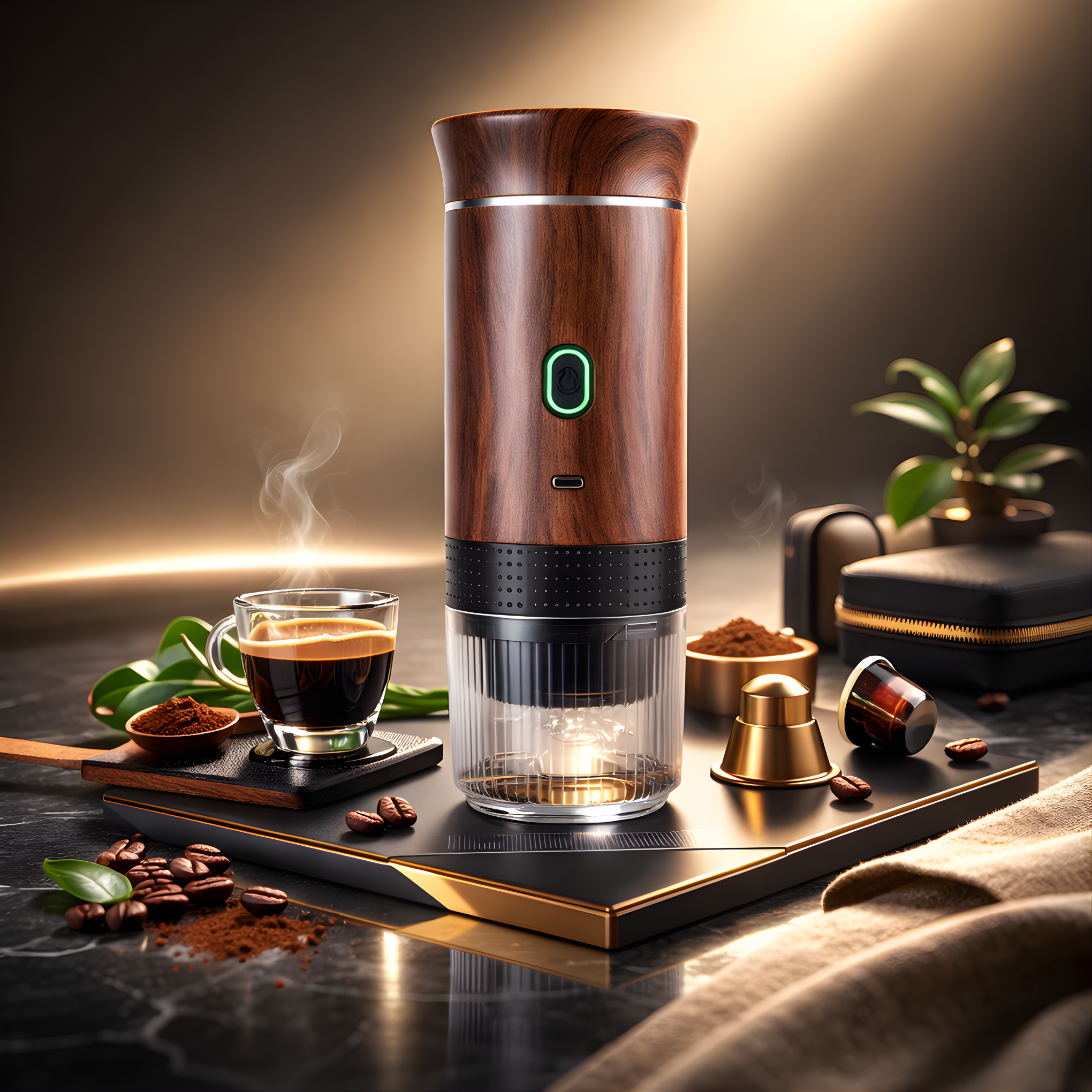 Wooden coffee maker on a table with coffee beans, a cup of coffee, and a plant in the background.
